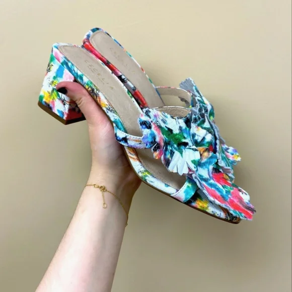 Cecelia New York Leather Hibiscus Block Heeled Sandals